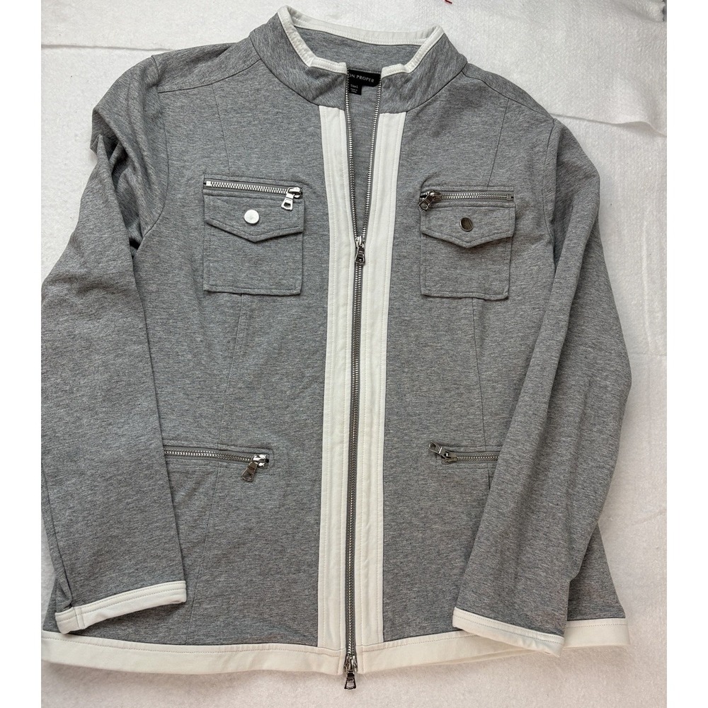 Boston Proper Knit Jacket Large‎ Gray Stretch Full Zip Pockets Travel Casual